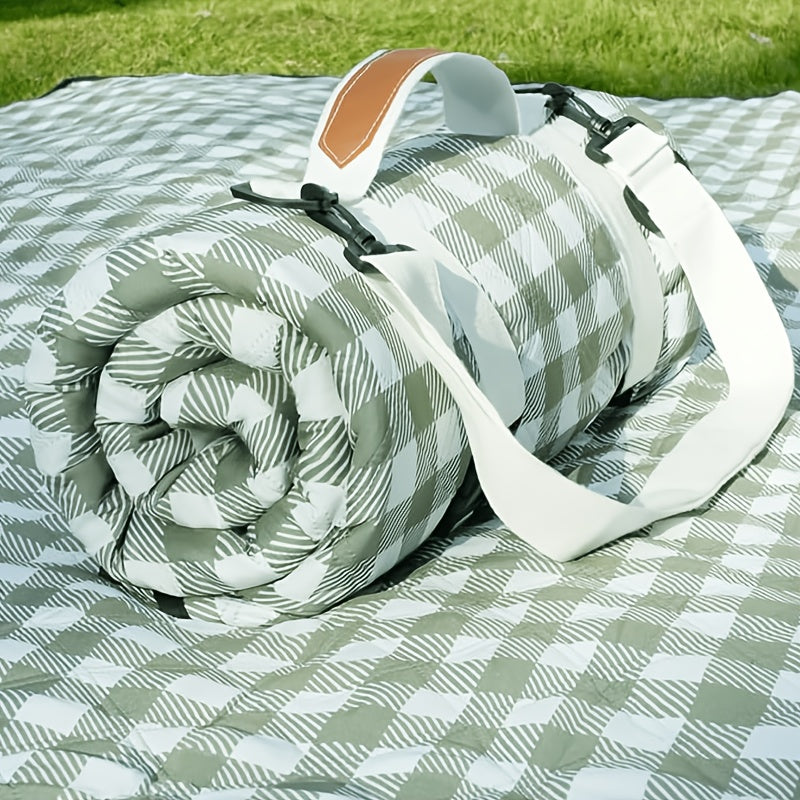 Green Plaid Roll-Up Picnic Blanket with Padded Layers and Carry Straps, 80 x 80in Outdoor Mat