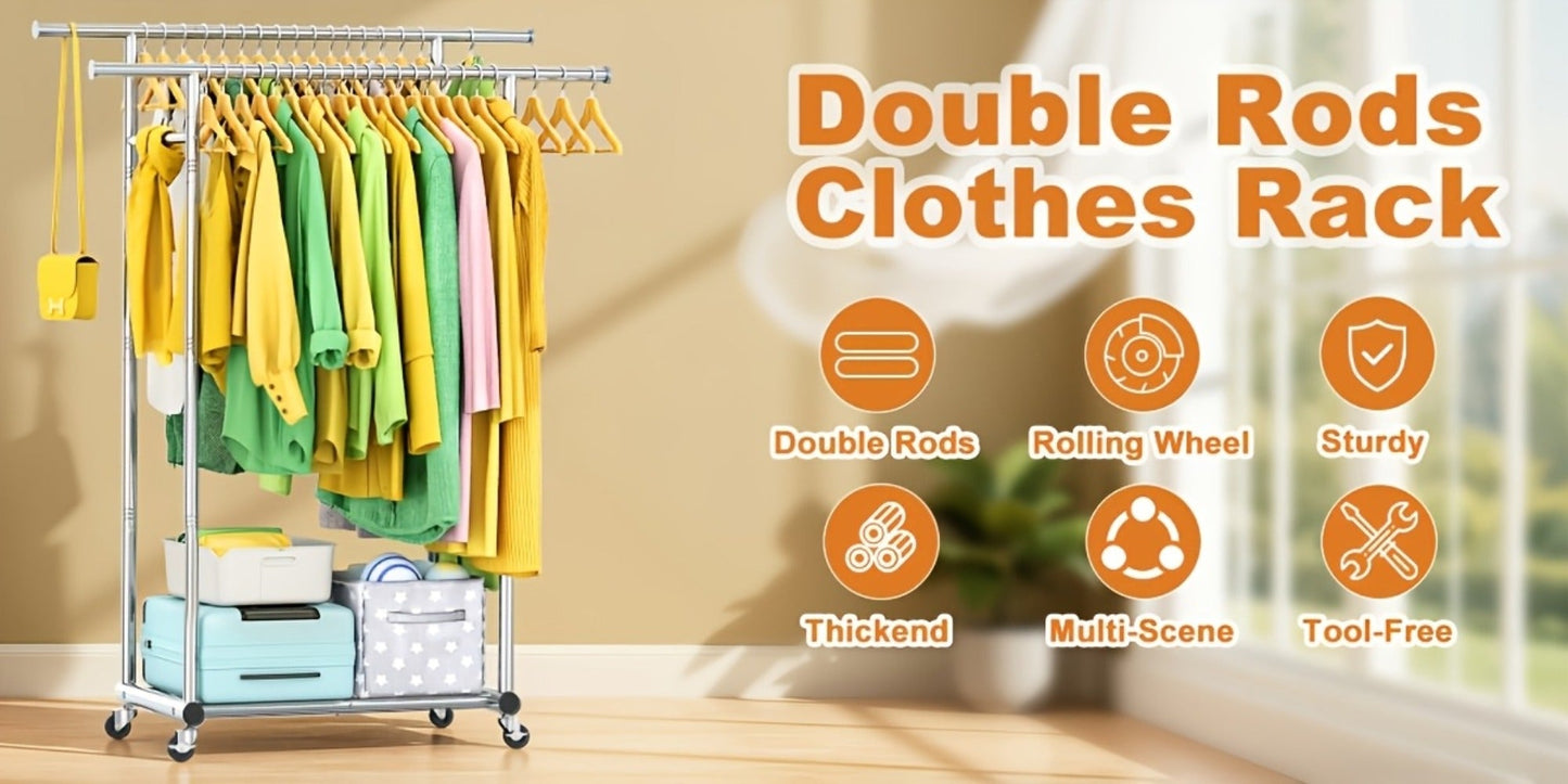 Portable Clothes Rack with Wheels – Heavy Duty Double Rod Garment Rack with Shelves & Hooks | Metal Rolling Clothing Rack for Hanging Clothes | Multi-Functional Closet Rack for Bedroom & Laundry Room
