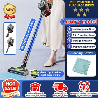 Cordless Vacuum Cleaner with Green Light Indicator, Brushless Motor Rechargeable Handheld Stick Vacuum for Home Car Carpet Pet Hair Hardwood Floor, 2L Dust Cup 45-Min Runtime Multi-Filter Portable Design