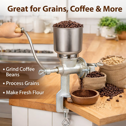 Cast Iron Grain Mill Manual Grain Grinder, Hand Crank Food Mill, High Hopper with Clamp & Shield