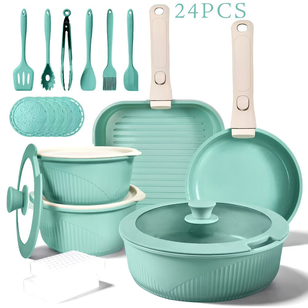 Detachable-Handle Cookware Set in 5-, 7- or 24-Piece Configurations with Stackable Pots, Pans and Lids