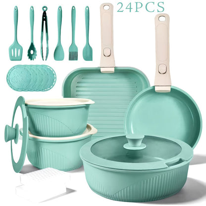 Detachable-Handle Cookware Set in 5-, 7- or 24-Piece Configurations with Stackable Pots, Pans and Lids