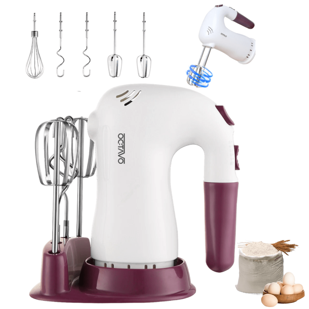 Hand Mixer Electric 400W with Storage Stand & 5-Speed Turbo Boost – 5 Stainless Steel Attachments for Baking Cream Cake Dough Cookie