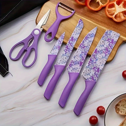 Kitchen Knife Set 6 Piece with Floral Pattern, High Carbon Stainless Steel Chef Knife Set with Ergonomic Handle, Sharp Meat Cleaver Bread Knife Scissors Peeler, Colorful Cooking Knife Gift Set for Women Men