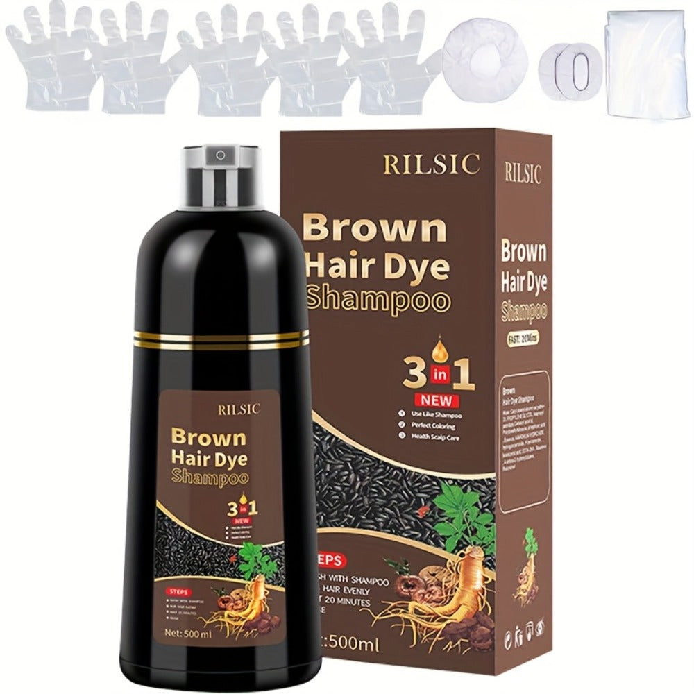 Grey Hair Dye Shampoo 3-in-1 Natural Plant-Based Herbal Formula — Non-Stick Scalp, Covers White Hair in Minutes, 500ml — Black, Dark Brown, Chestnut Brown for Men & Women
