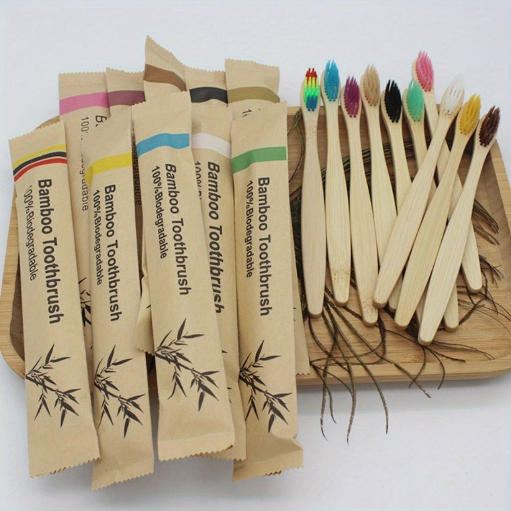 20-Piece Bamboo-Labeled Toothbrush Set with Individually Wrapped Handles and Mixed Bristle Colors
