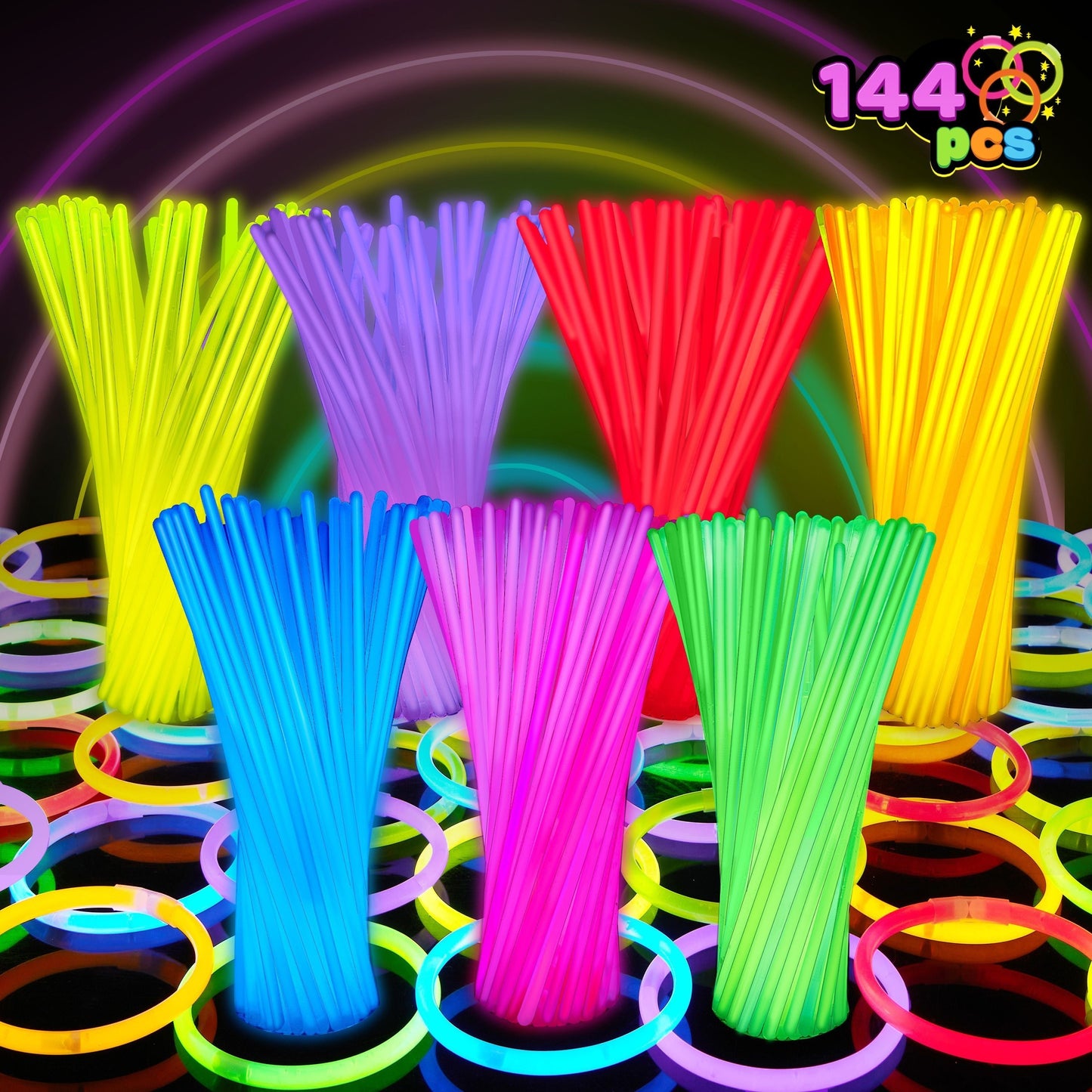 144-Piece 8-Inch Glow Stick Party Pack in Seven Pictured Colors with Bracelet and Necklace Connectors