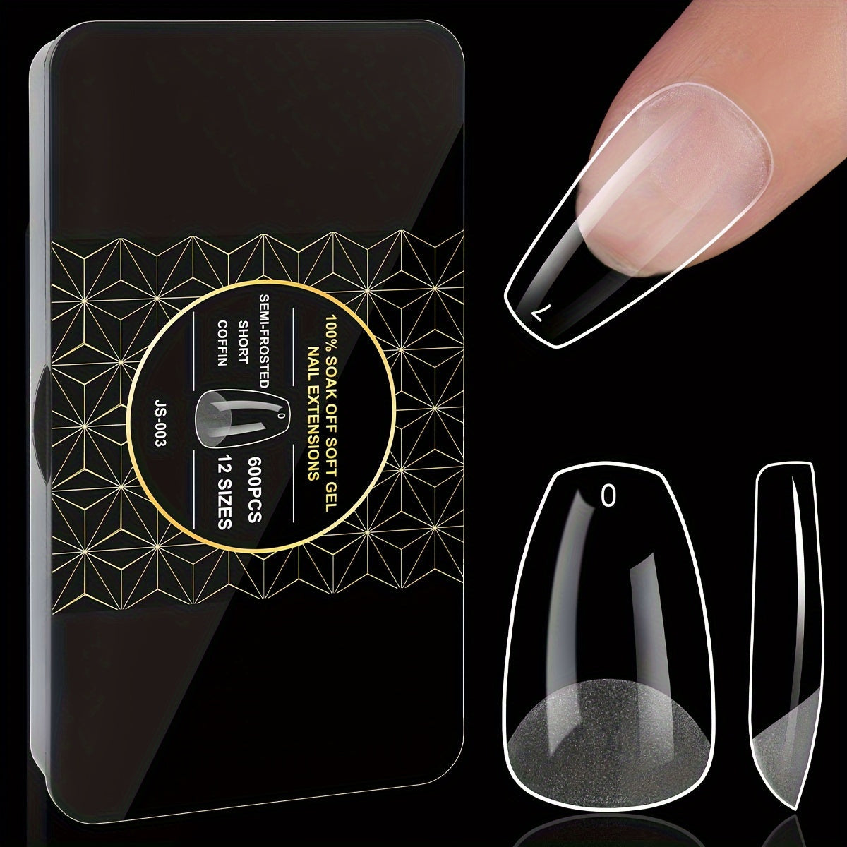 Clear Full-Cover Nail Tips, 600-Piece Set in Nine Almond, Oval, Stiletto, Coffin and Square Length Options
