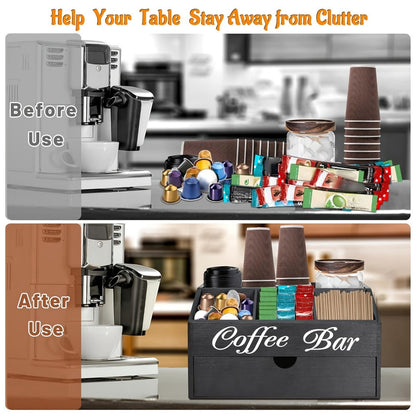 Coffee Bar Station Kitchen Organizer Wood Countertop Rack with Five Compartments and One Drawer