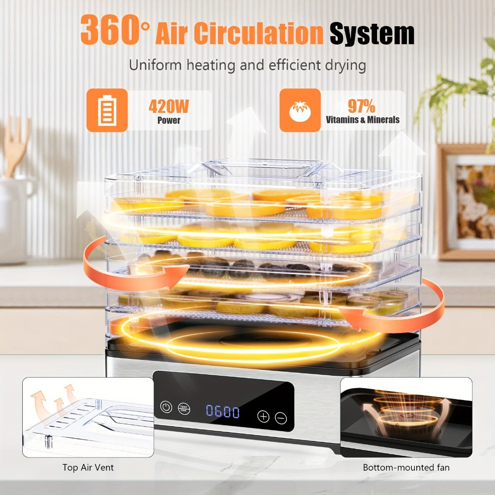 Five-Tray Digital Food Dehydrator with 420W Heating, 48-Hour Timer and 95–160°F Temperature Range