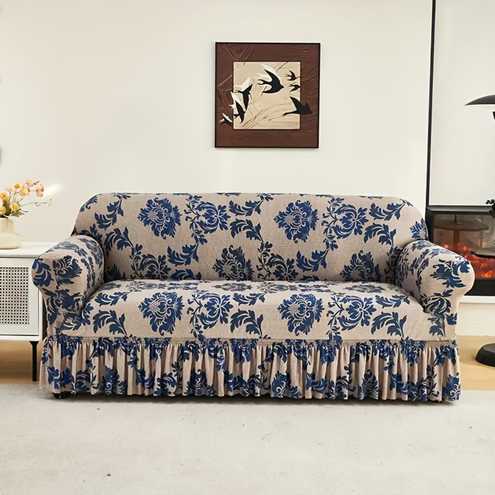 Sofa Cover Dark Blue Printed Skirt Slipcover with High-Elasticity Fiber and Anti-Slip Fixing Rods