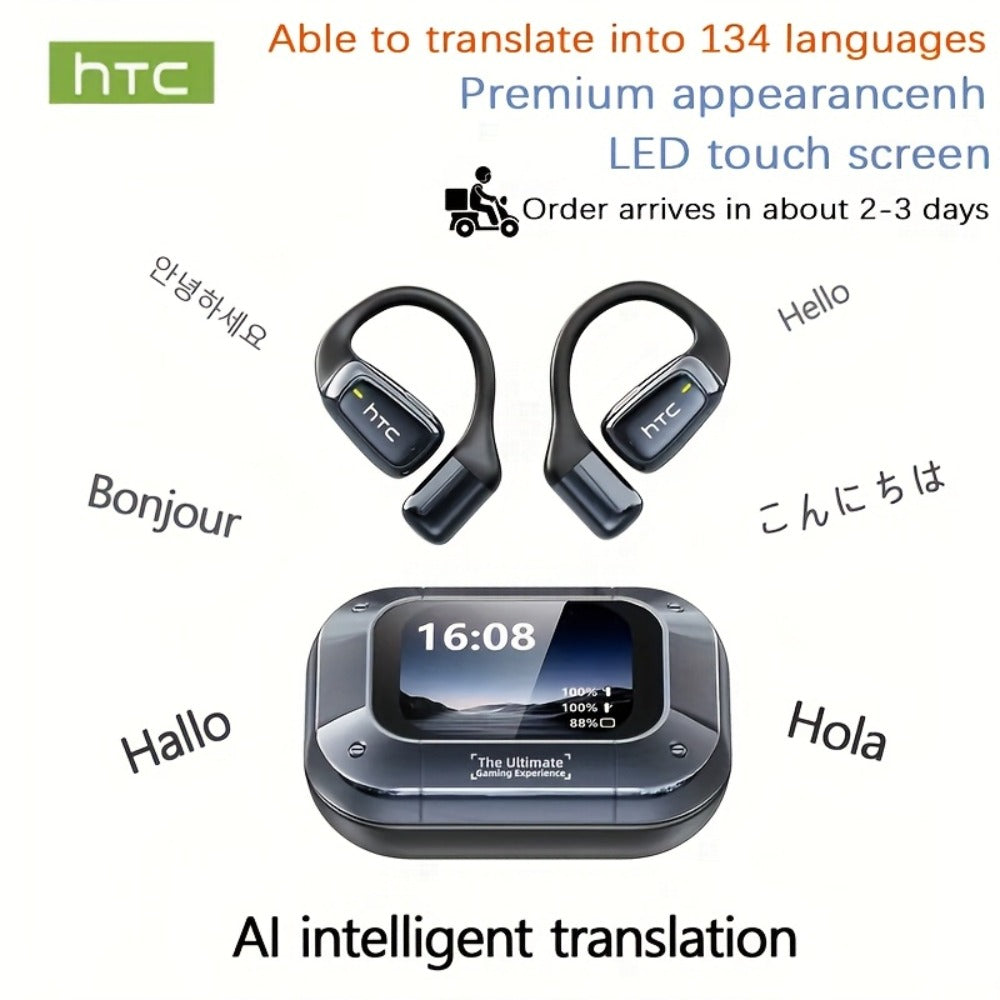 Open-Back Hi-Fi Gaming Earphones HTC NE25 AI Real-Time Translation 135 Languages LED Smart Screen Low Latency Long Battery Lightweight Wireless Headphones Black