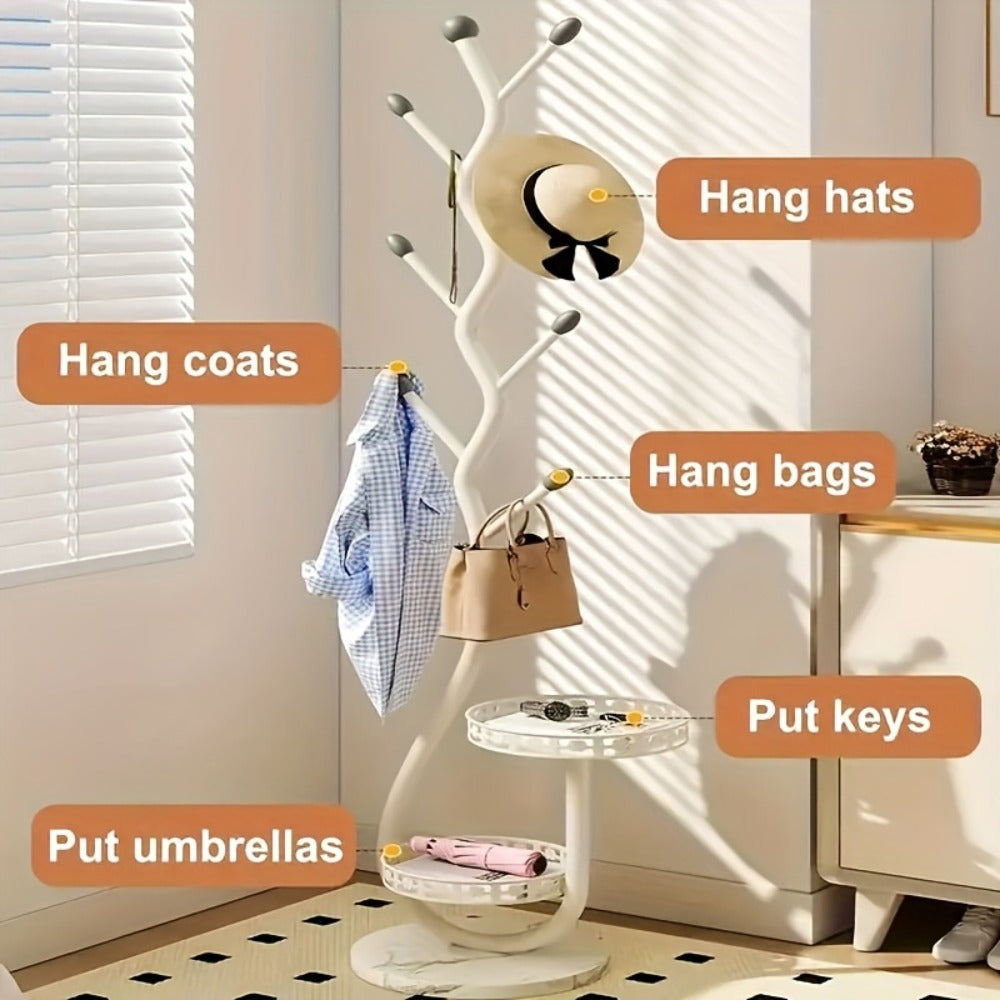 Freestanding Coat Tree with Branching Hooks, Circular Lower Shelf and White, Black or Golden Finish