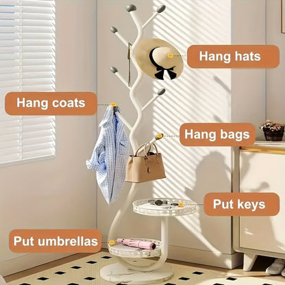 Freestanding Coat Tree with Branching Hooks, Circular Lower Shelf and White, Black or Golden Finish
