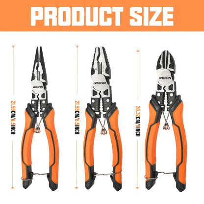 Pliers Set 9-in-1 Multi-Function Industrial Grade, 8.5" Lineman Pliers, 8.5" Long Nose Pliers, 8" Diagonal Side Cutters, CRV Steel TPR Handle Wire Stripper Crimper Cutter for Electrical & Auto Repair
