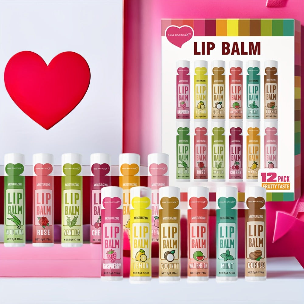 12-Piece Tube Lip Balm Set with 12 Pictured Fruit and Botanical Flavor Labels in a Display Box