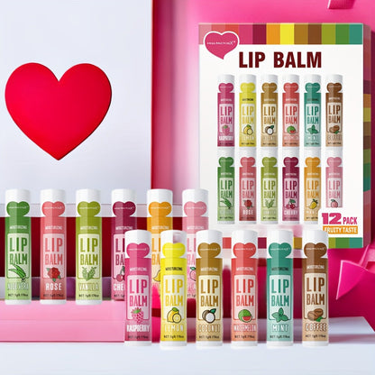 12-Piece Tube Lip Balm Set with 12 Pictured Fruit and Botanical Flavor Labels in a Display Box