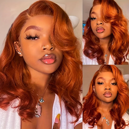 Ginger Orange Body Wave Bob Wig 4x4 Lace Front Human Hair 150% Density – Pre-Plucked Baby Hair Natural Hairline Colored Wig for Women Versatile Styling 14 20 Inch