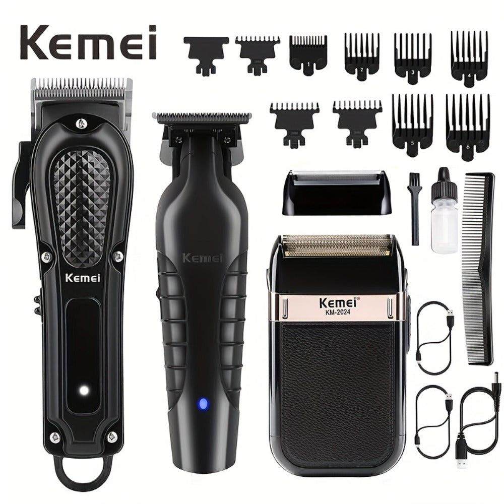 Kemei Hair Clipper & Beard Trimmer Set for Men — Professional Grooming Kit with Reciprocating Shaver, USB Rechargeable, Home & Salon Use, Father's Day & Birthday Gift for Dad