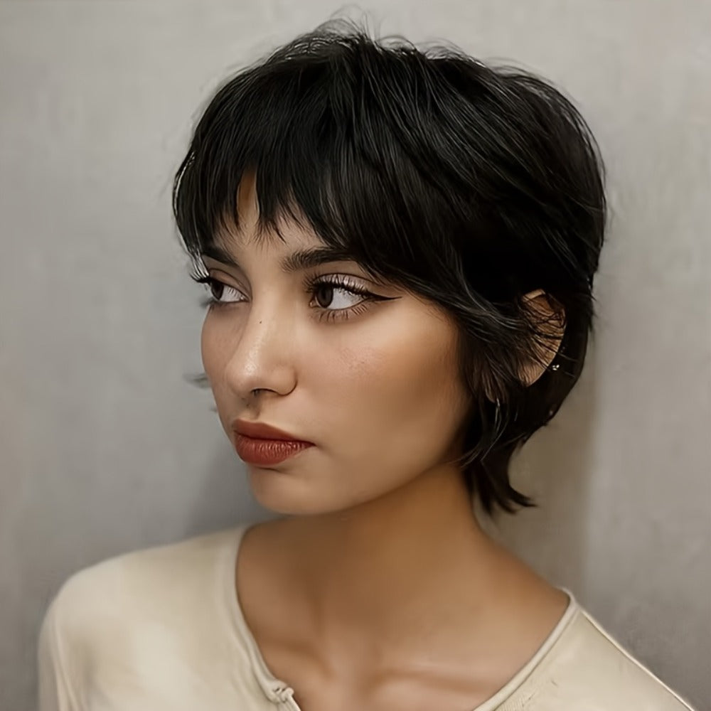 Wig Short Curly Wavy Pixie Bob in Natural Black, 6-Inch Human Hair with Bangs and Rose Net Cap