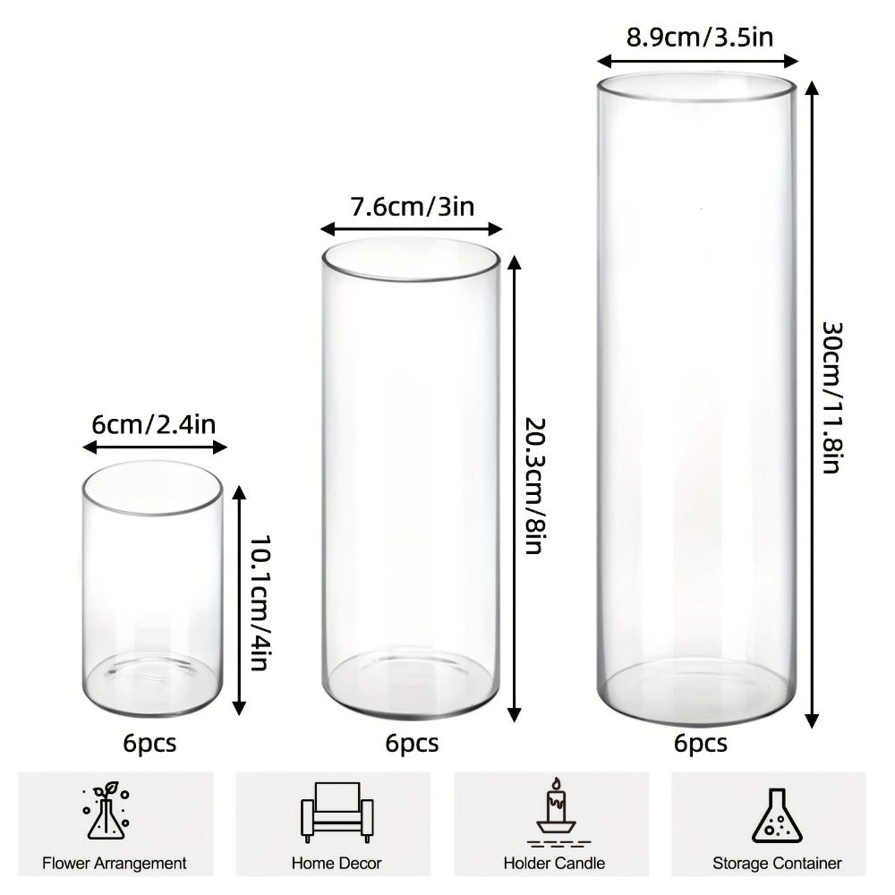Glass Cylinder Vases 24 Pack Clear 4 8 12 Inch Tall Bulk Set for Wedding Centerpieces for Entryways, Bedrooms and Living Spaces