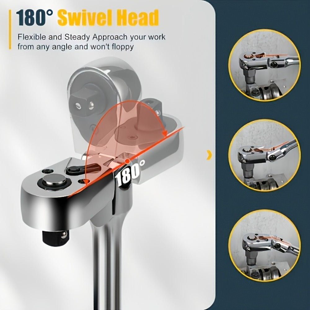 Ratchet Wrench Set 3-Piece & 6-Piece | 72-Tooth 1/4" 3/8" 1/2" Drive Flexible Head Quick Release Ratchet Handle with EVA Sponge Tool Kit – 180° Adjustable Bendable Ratchet