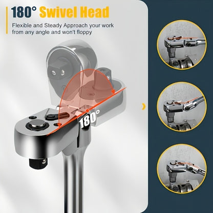 Ratchet Wrench Set 3-Piece & 6-Piece | 72-Tooth 1/4" 3/8" 1/2" Drive Flexible Head Quick Release Ratchet Handle with EVA Sponge Tool Kit – 180° Adjustable Bendable Ratchet