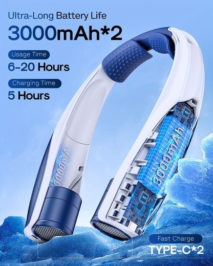 Wearable Neck Fan with Dual 3000mAh Battery Labels, Six Settings, USB-C Charging and Three Colors