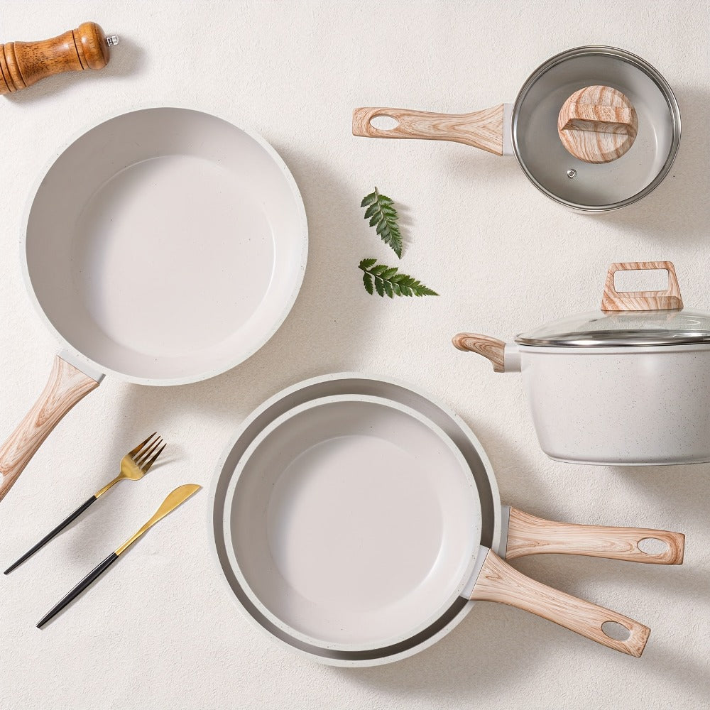 Cookware Set, 12-Piece Granite-Coated Aluminum Pots and Pans with Glass Lids, Pan Protectors and Two Color Options