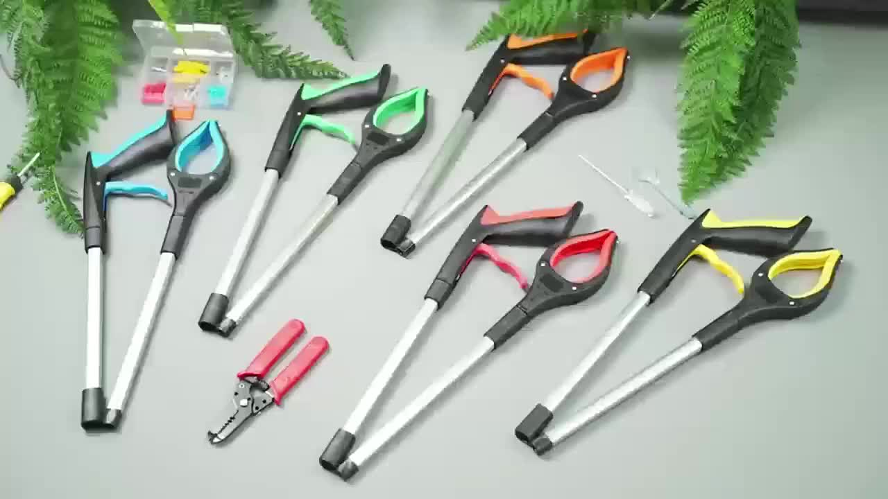 Folding Grabber Reacher with Rotating Silicone Jaws, Magnetic Pickup Tip, Wrist Cord and Green Handle