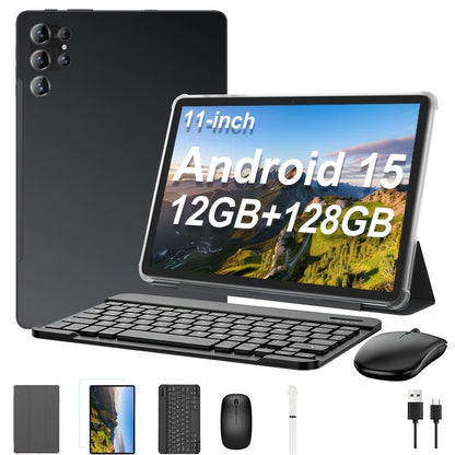 11-Inch Android 15 Tablet Bundle with 12GB Memory, 128GB Storage, Keyboard Case, Stylus and Mouse