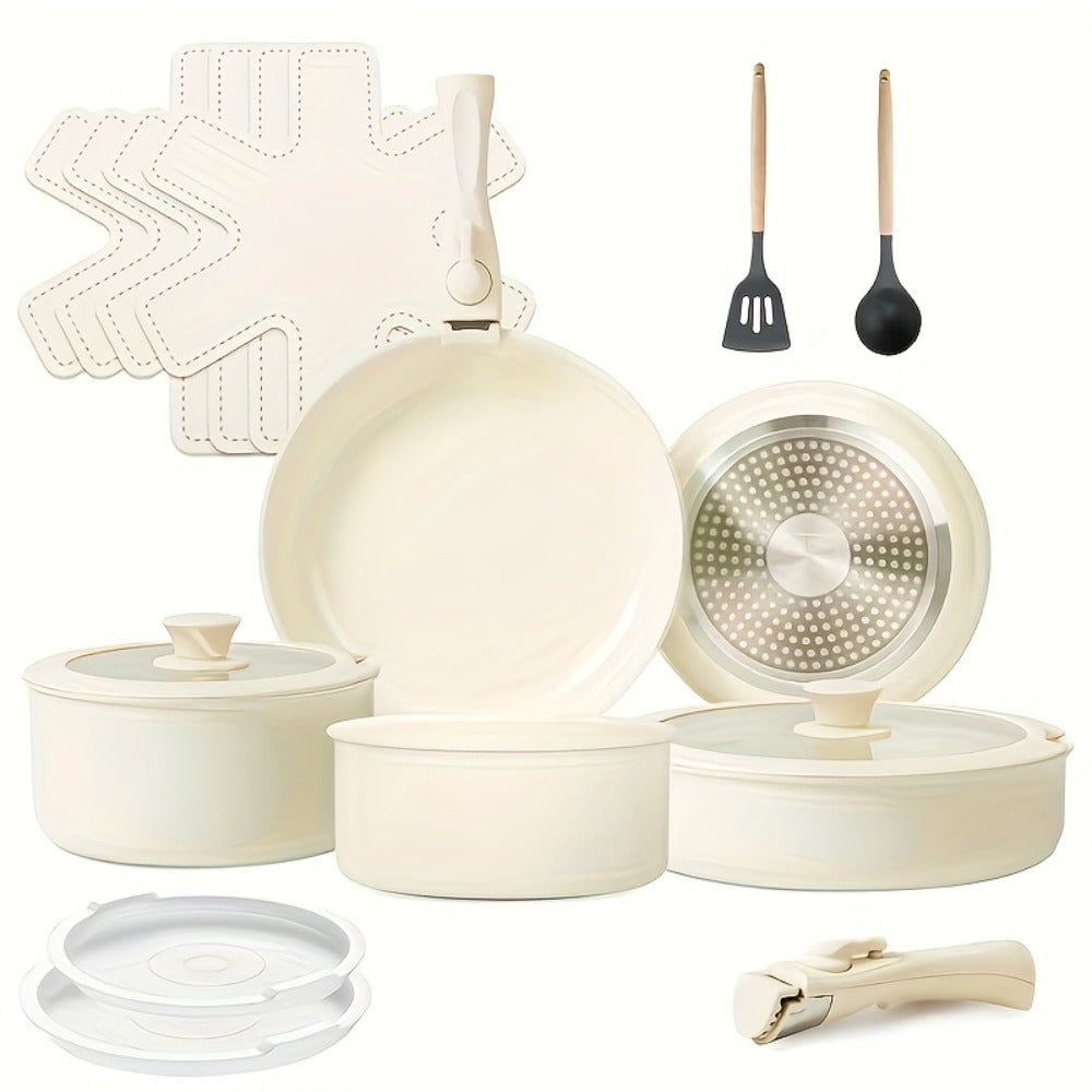 Ceramic-Coated Cookware Set with 17 Pieces, Detachable Handles, Pots, Pans, Lids and Cream Finish
