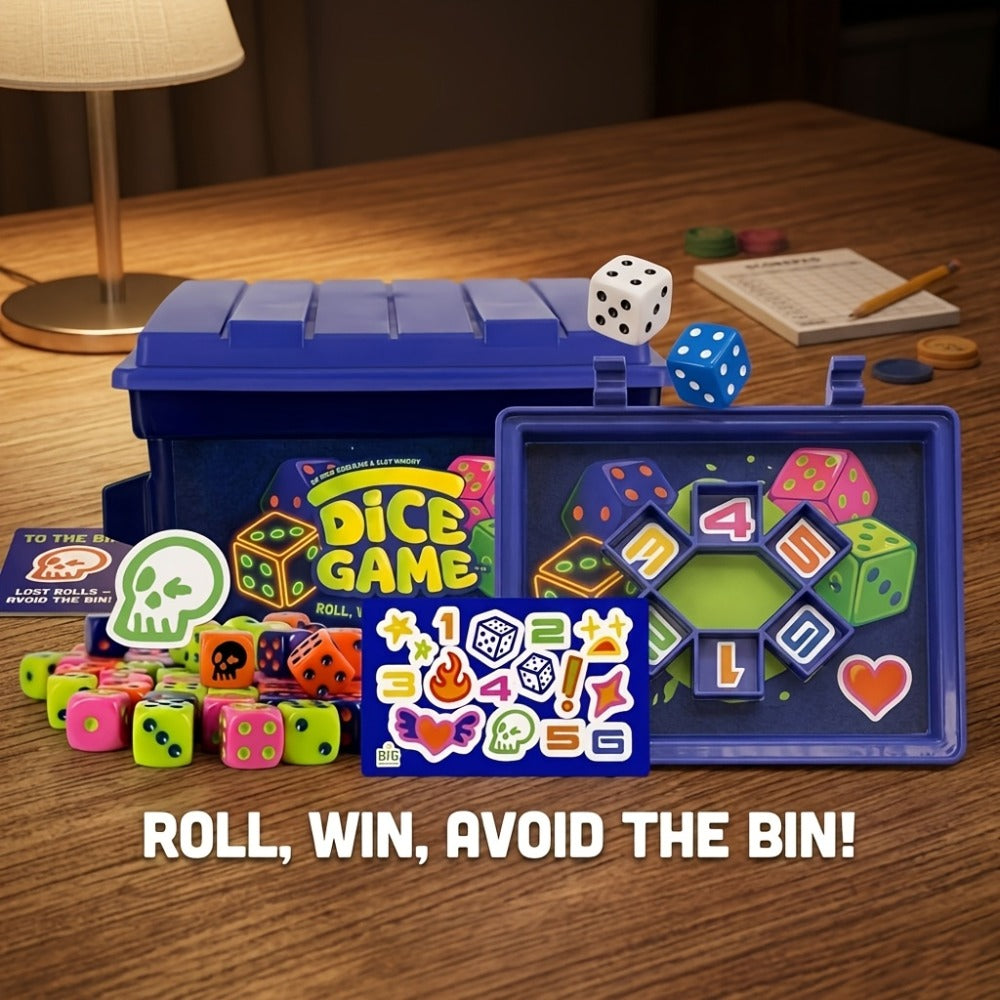Eighty-Dice Party Board Game with Storage Bin, Four Color Sets, Lid Board and Adult Group Rules