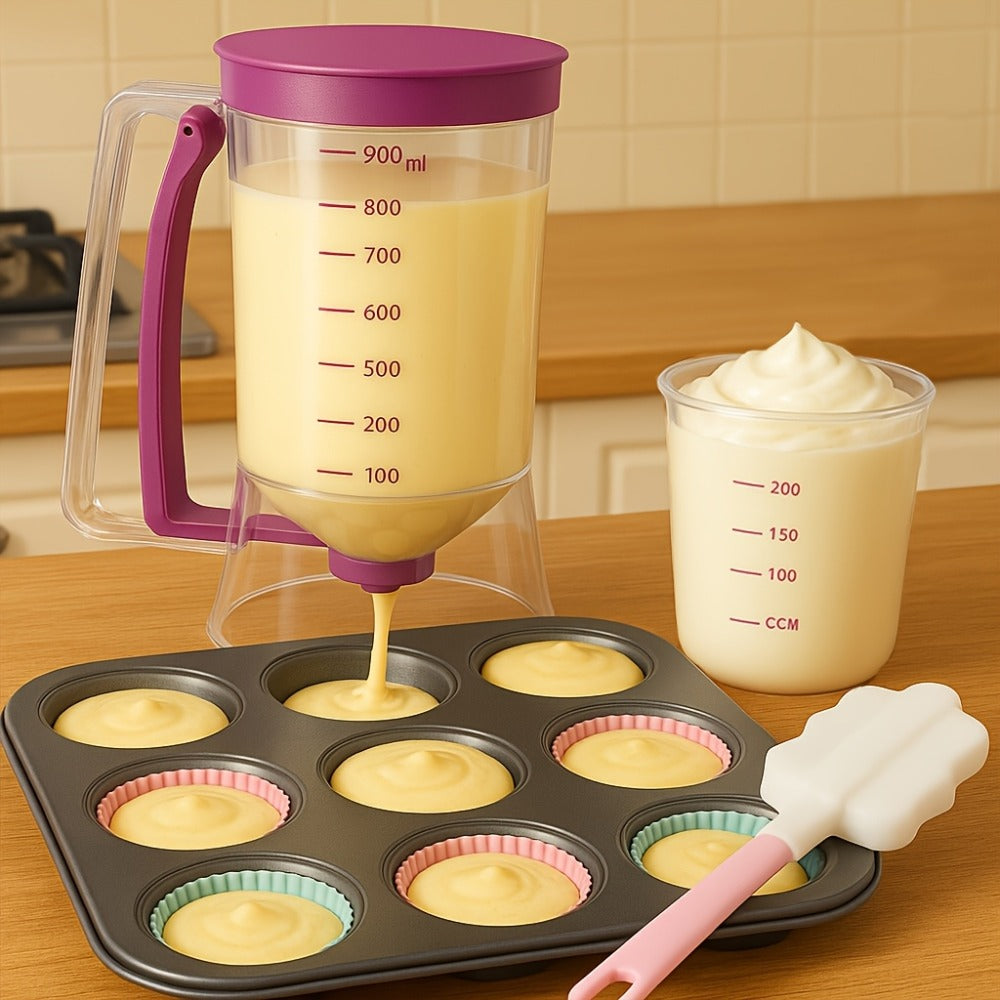 Handheld Pancake Batter Dispenser with Graduated Cup, Bottom Valve and White Cleaning Brush