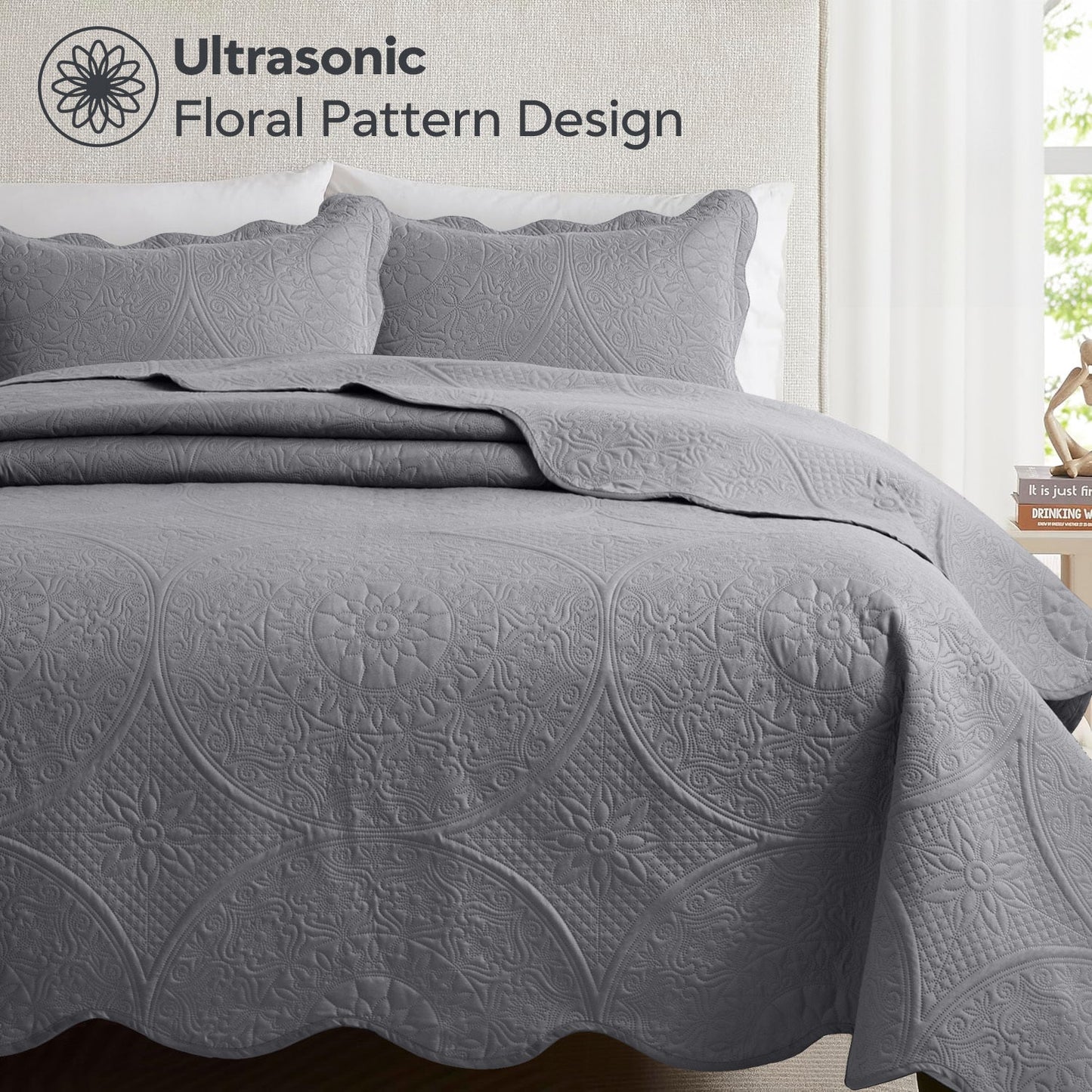 Quilted Bedspread Set 3 Piece – Soft Floral Coverlet with Pillow Shams, Lightweight Breathable Quilt for Bedroom & Guest Room, All Season Bed Cover
