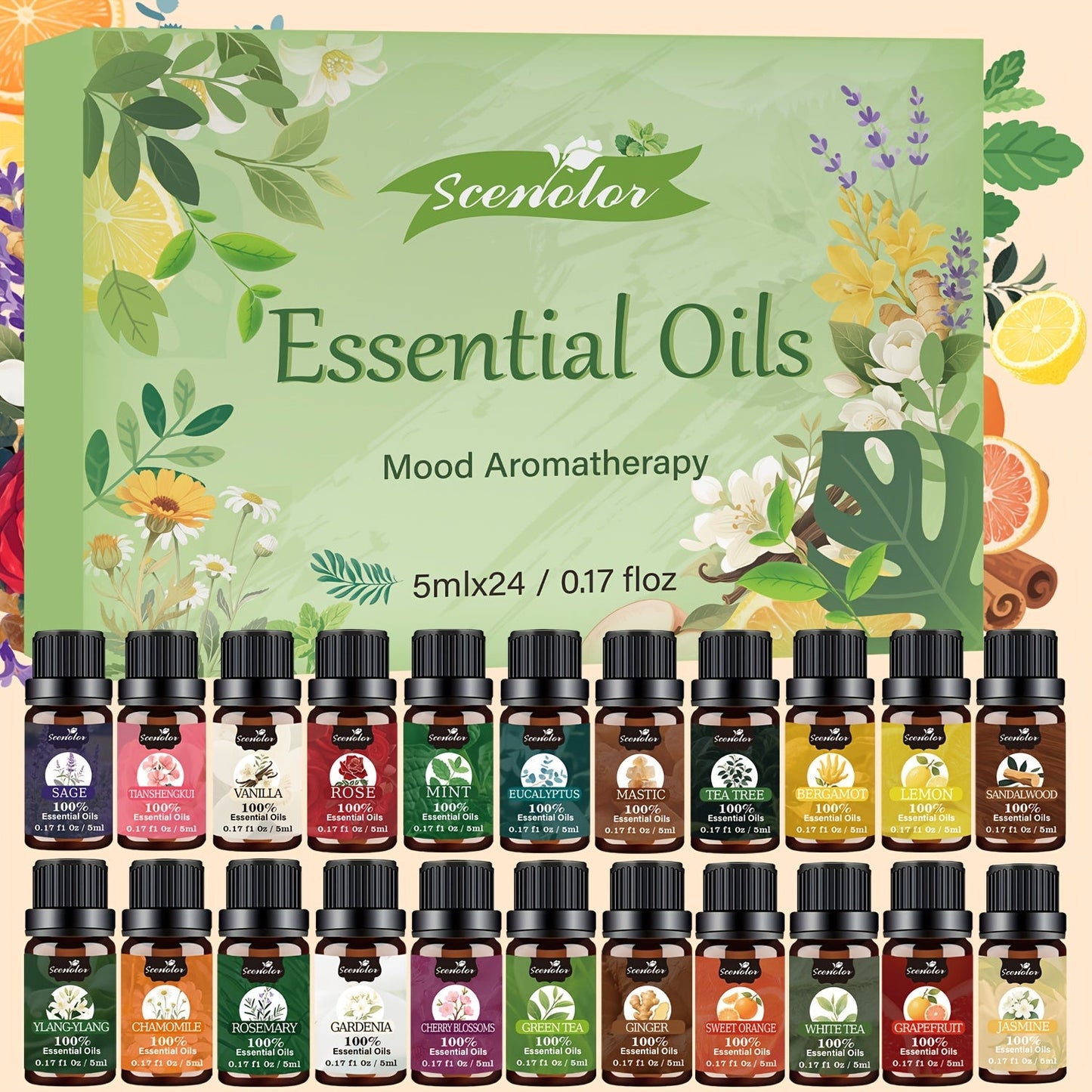 Floral and Fruity Fragrance Oil Gift Set with Choice of 12 or 24 Mini 5ml Bottles for Diffuser Use