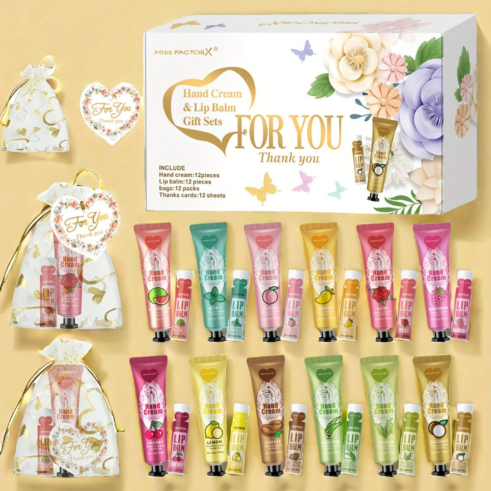 Shea Butter-Labeled Hand Cream and Lip Balm Gift Set with Vitamin E-Labeled Skin Care Formula