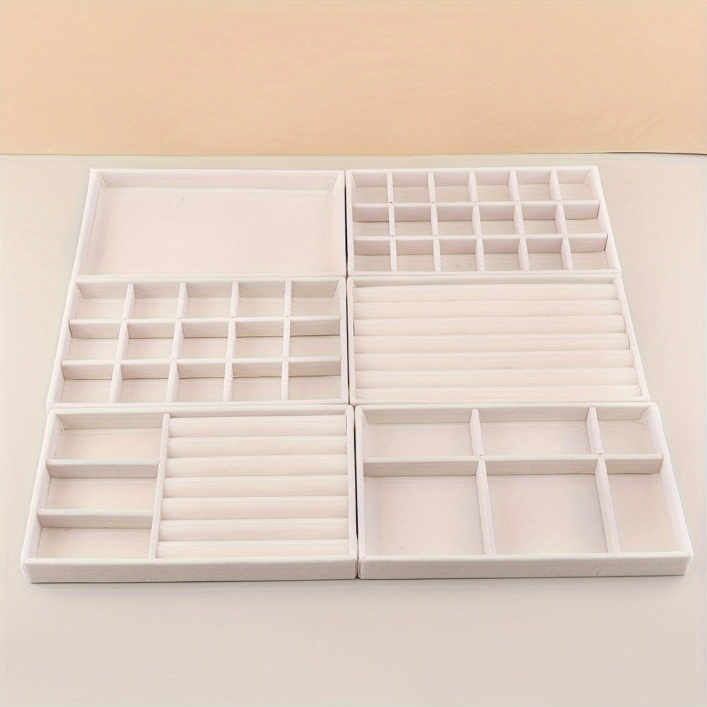 Stackable Jewelry Organizer Trays 6-Piece Set – Rectangular Multi-Compartment Drawer Inserts with Removable Dividers for Earrings, Rings, Necklaces & Bracelets – Tabletop Jewelry Display Case Storage