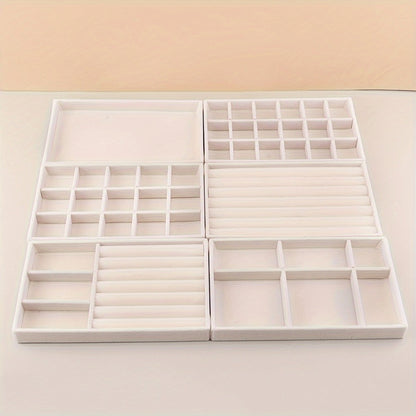 Stackable Jewelry Organizer Trays 6-Piece Set – Rectangular Multi-Compartment Drawer Inserts with Removable Dividers for Earrings, Rings, Necklaces & Bracelets – Tabletop Jewelry Display Case Storage