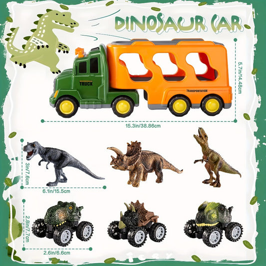 Dinosaur Transport Truck Toy Set with Lights & Sounds – 7-in-1 Dino Carrier with 3 Dinosaur Figures & 3 Monster Cars for Boys Girls Ages 3+, Battery Powered, Birthday Christmas Gift