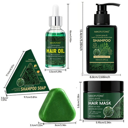 Four-Piece Usman Grass Hair Care Kit with 120g Shampoo Bar, Oil and Mask Container Formats