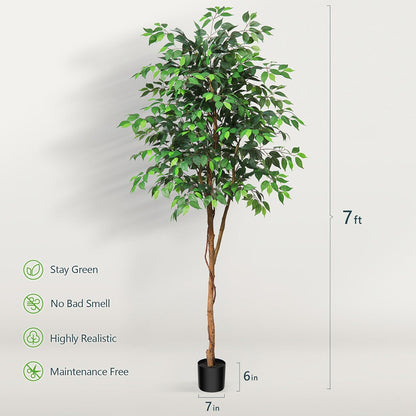 Artificial Ficus Tree Tall Fake Potted Plant Natural Wood Trunk Lifelike Silk Leaves 4FT 5FT 6FT 7FT Indoor Outdoor Living Room Bedroom Office Home Decor No Maintenance