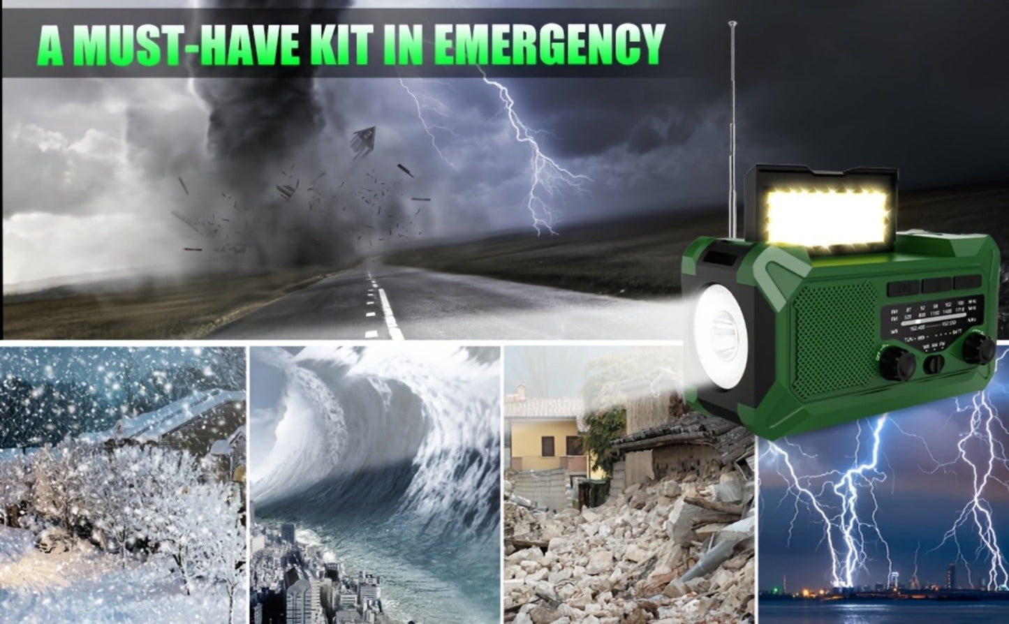 10000mAh AM/FM Emergency Radio with Solar Panel, Hand Crank, Reading Light and Yellow or Green Case