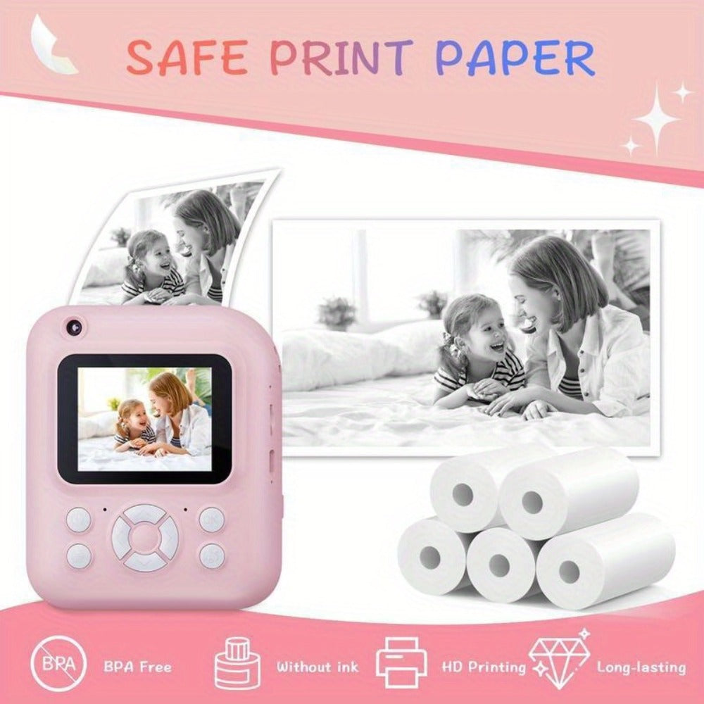 Kids Instant Print Digital Camera 1080P with 2.4" Screen, 3 Rolls Print Paper & 32GB Card – Cute Photo Camera Gift for Girls & Boys Ages 3-12, Pink / Blue