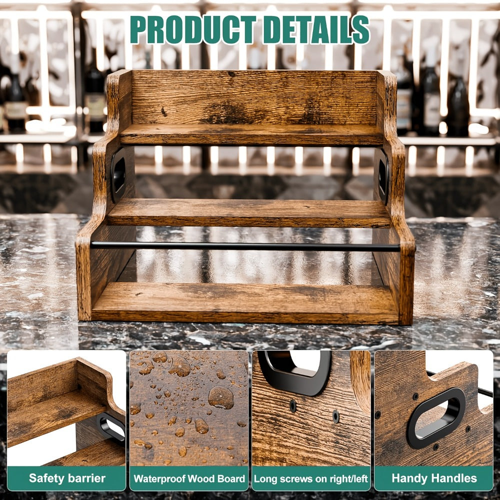 Three-Tier Solid Wood Countertop Wine Rack for Liquor Bottles, Coffee Syrups, Spices and Home Bars