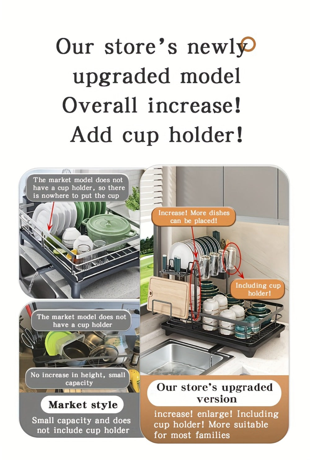 Two-Tier Dish Drying Rack, Metal Countertop Organizer with Cutlery Holder, Cup Holder and Drip Tray