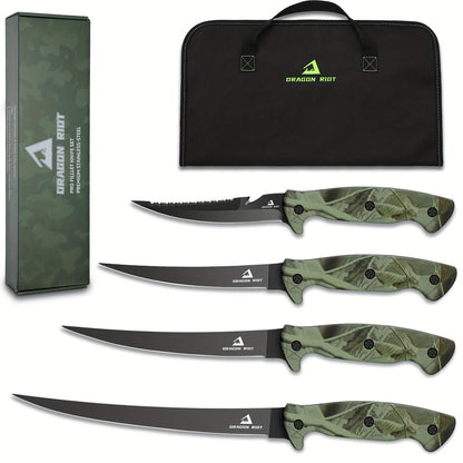 Four-Piece Fillet Knife Set with 5-, 6-, 7- and 9-Inch Labels, Zip Storage Bag and Pocket Sharpener