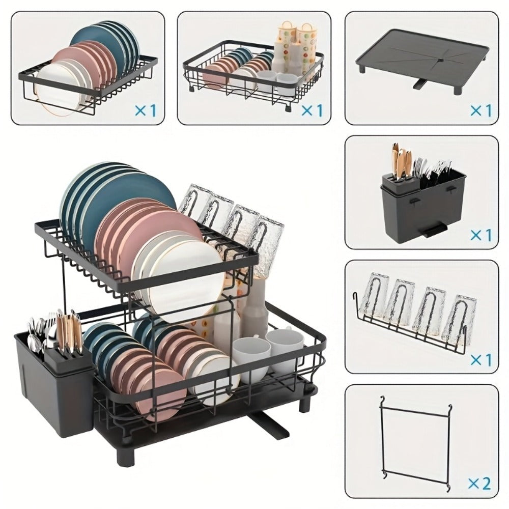 Dish Drying Rack Kitchen Organizer with Two Tiers, Drain Board, Utensil Cup and Three Color Options