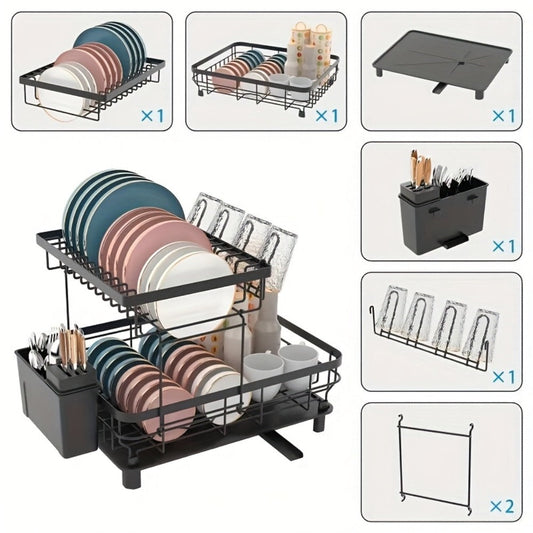 Dish Drying Rack Kitchen Organizer with Two Tiers, Drain Board, Utensil Cup and Three Color Options
