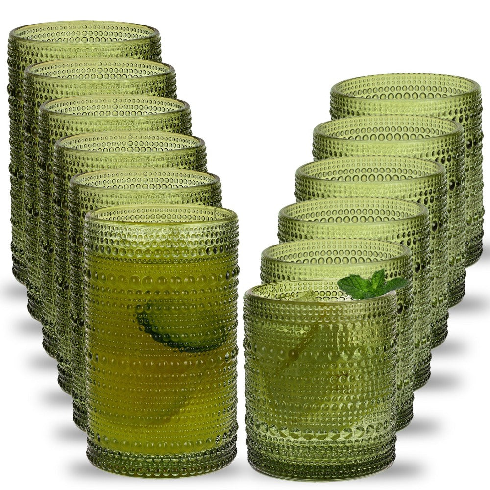 Hobnail Drinking Glasses Set 12pcs – 12oz Highball & 10oz Cocktail Vintage Embossed Boho Glassware for Beer, Juice, Tea, Milk